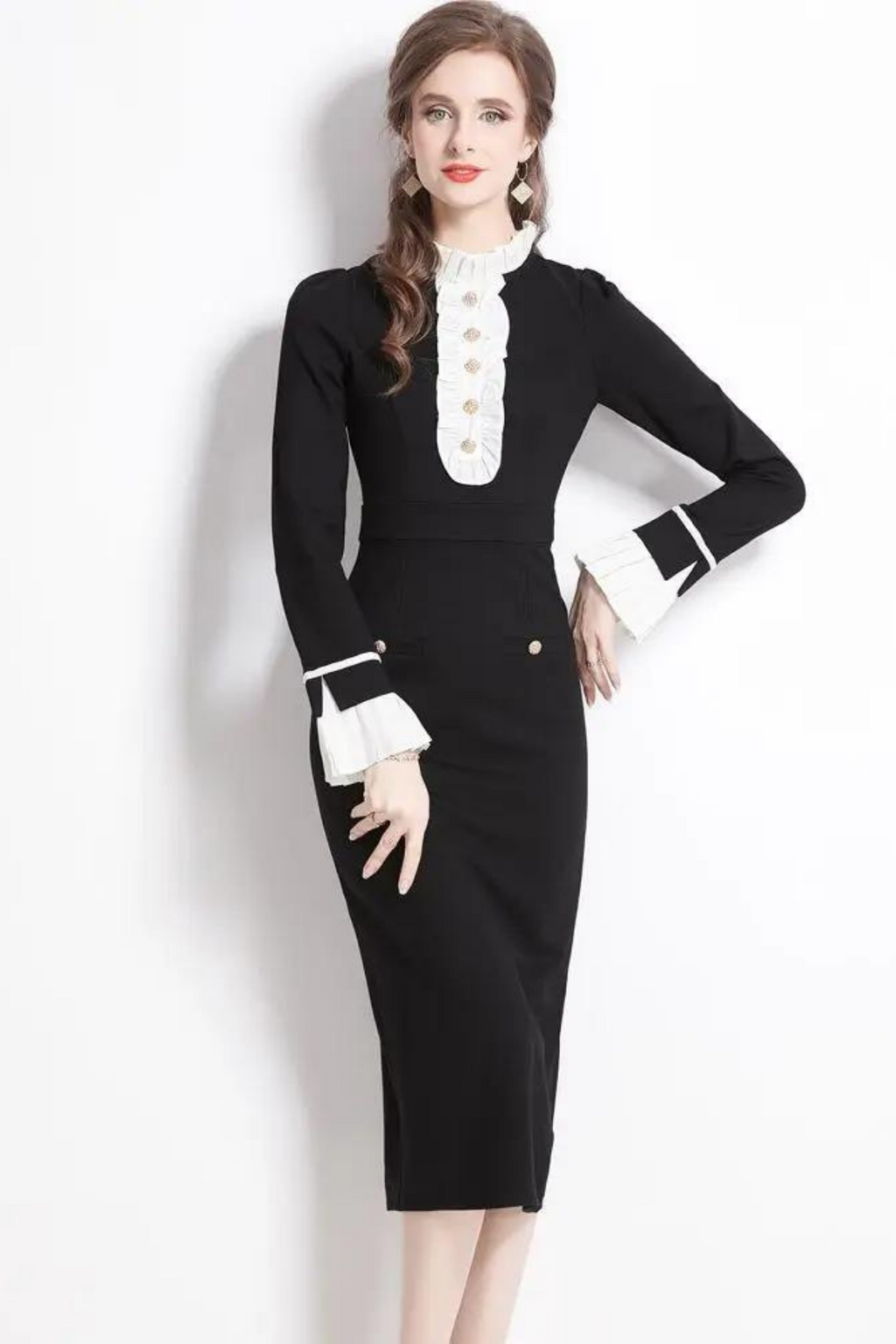 High quality vintage flared petal collar long sleeve midi dress