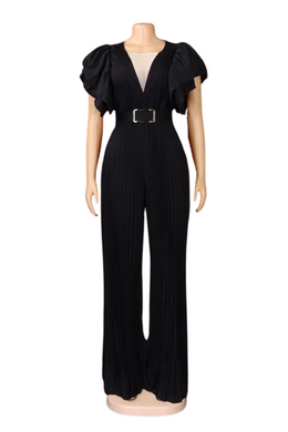 High Quality Sexy Pleated Patchwork Mesh V Neck High Waist Wide Leg Jumpsuits