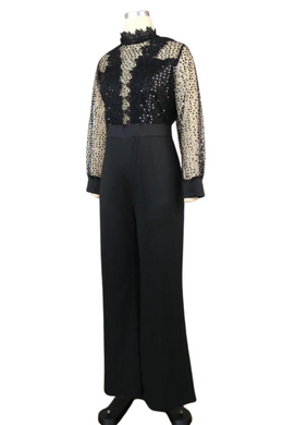 High Quality Sheer Lace Sequined High Neck Long Sleeve Wide Leg Elegant Jumpsuits
