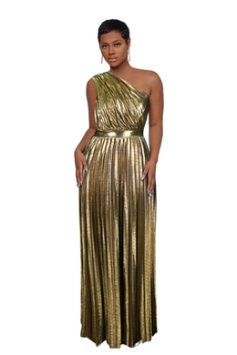 High Quality Sleeveless One Shoulder Luxury Metallic Pleated Long Dress