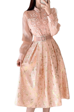 Flower Embroidery Two Piece Set Elegant Pearl Pink Blouse Shirt+Belt High Quality Floral Jacquard Midi Skirt