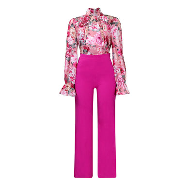 Two Piece Set Printed Blouse, High Waist Pants High Quality