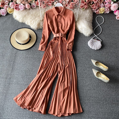 High Quality Long Sleeve High Waist Lace Up Pleated Vintage Jumpsuit