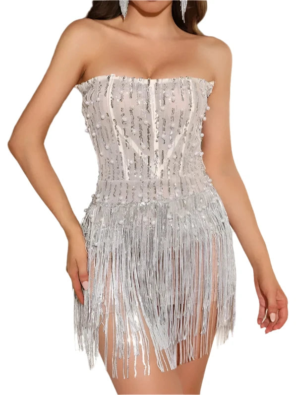 High Quality Sexy Pearls Sequins Backless Strapless Bodycon Mini Dress Khaki / L
