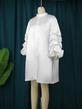 High quality elegant high neck long puff sleeves loose white dress