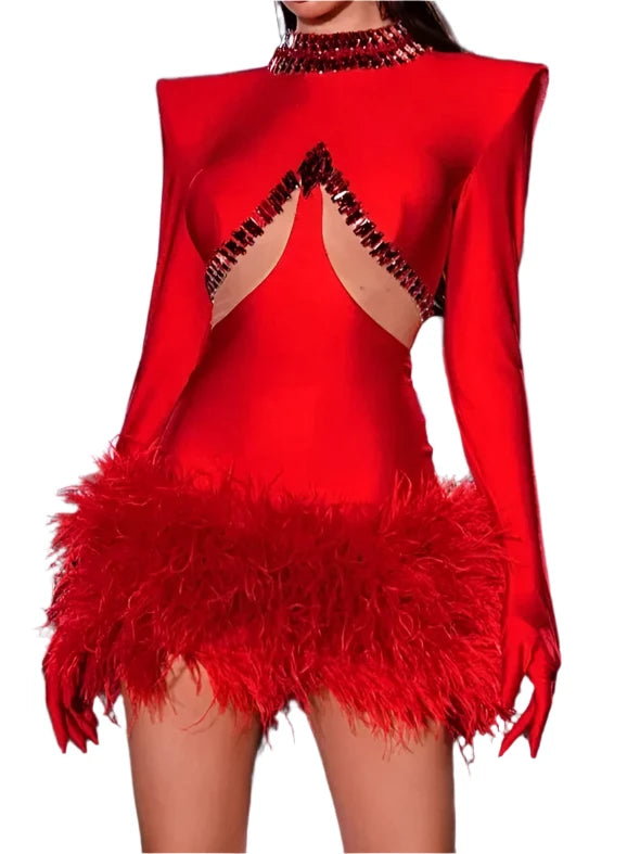 High Quality Feather Beaded Luxury Sexy Long Sleeve Red Bandage Mini Dress Red / M High Quality Feather Beaded Luxury Sexy Long Sleeve Red Bandage Mini Dress Red / M