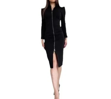 High Quality Bodycon Long Sleeve Stand Collar Full Zipper Midi Dress Black / M