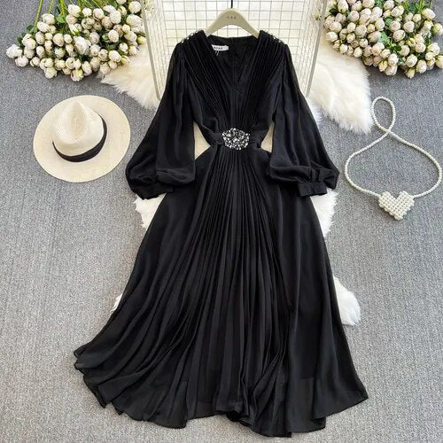High Quality Purple/Black/Red Diamonds Draped Pleated Chiffon Elegant Puff Sleeve Long Dress Black / M High Quality Purple/Black/Red Diamonds Draped Pleated Chiffon Elegant Puff Sleeve Long Dress Black / M