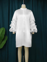 High quality elegant high neck long puff sleeves loose white dress