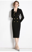 High Quality Black Long Sleeve Double Breasted Midi Elegant Dress