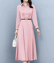 High Quality Slim Fit Elegant Polo Neck Pink Acetate Satin Midi Dress