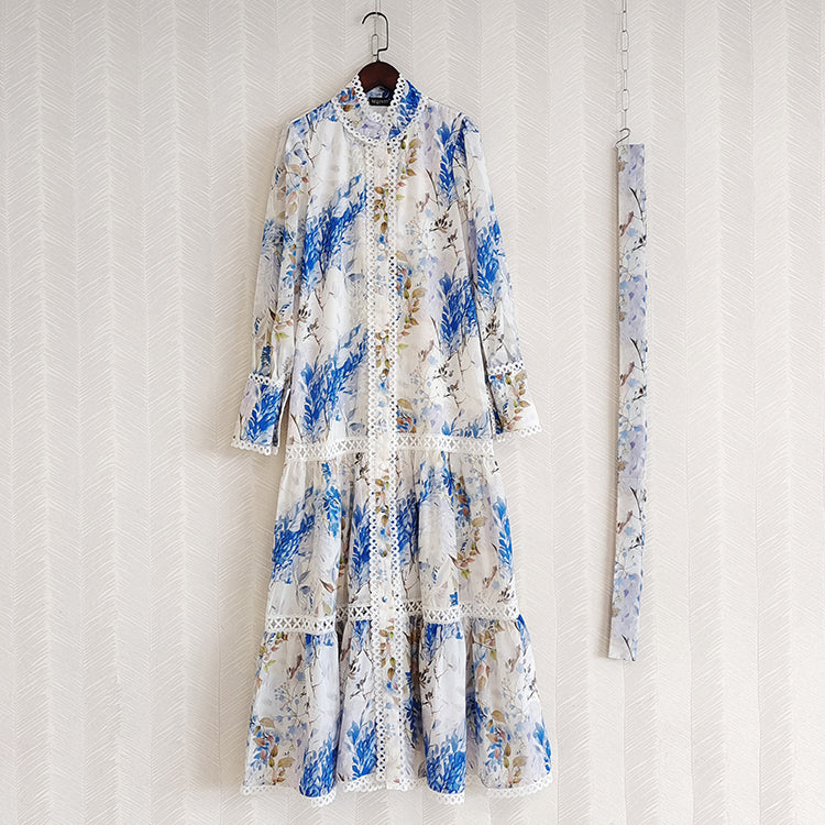 Stand Collar Blue Flower Print Hollow Out Ruffles Prairie Elegant Loos   ETERNA