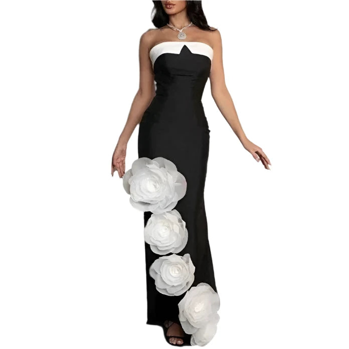 High quality big flower patchwork Black and White strapless bandage dress Negro / XS High quality big flower patchwork Black and White strapless bandage dress Negro / XS
