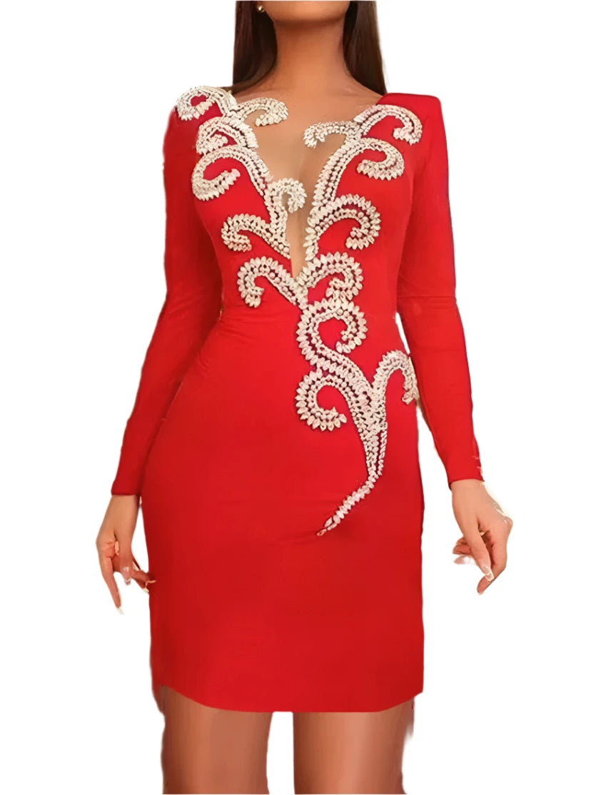Sexy V Neck Mesh Long Sleeve Luxury Shiny Diamond Bodycon Mini Dress Elegant High Quality Black / L