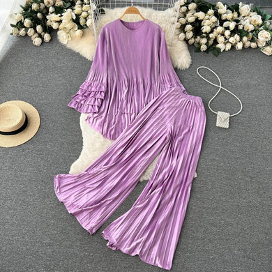 Two Piece Set Irregular Bubble Sleeve Loose Top + High Quality Solid Pleated Wide Leg Pants