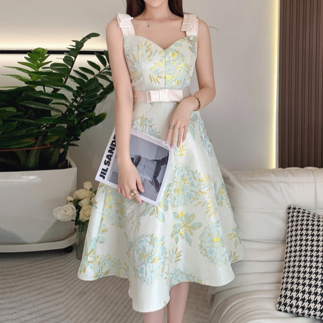 High Quality Elegant Sleeveless French Gorgeous Flower Jacquard Dress Picture Color / M