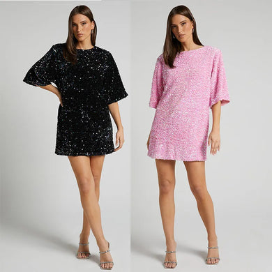 Sequin party dress with round neck and half sleeves provides a classic quality silhouette