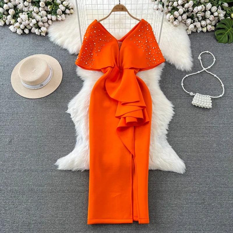 strapless open back dress A-line Square Neck Orange Prom Dress Beautiful Beaded long Formal Dres –  SELINADRESS