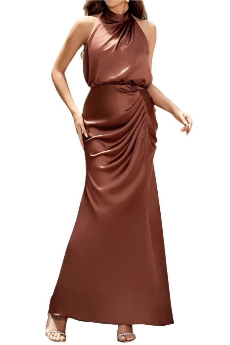 draped bodycon maxi dress High Quality Draped Pleat Sleeveless Backless Bodycon Bodycon Long Dress Brown / L