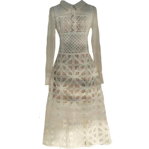 High Quality Mid-Calf Elegant Mesh Stitching Lapel Waist Slim Fit White Dresses Apricot / M