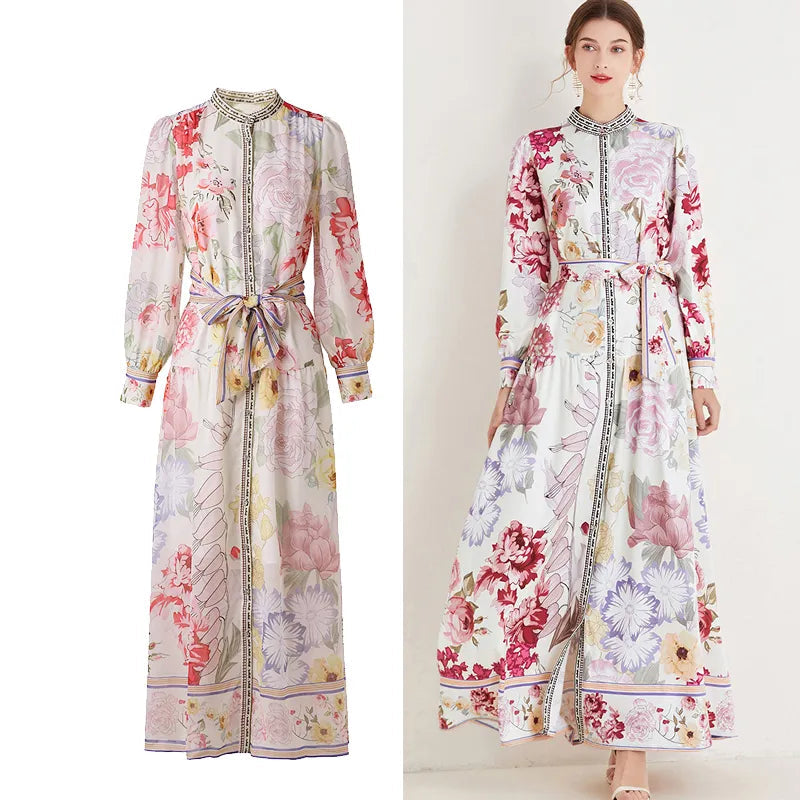 High-Neck Floral Long Dresses with High-Quality Bows Pink / S