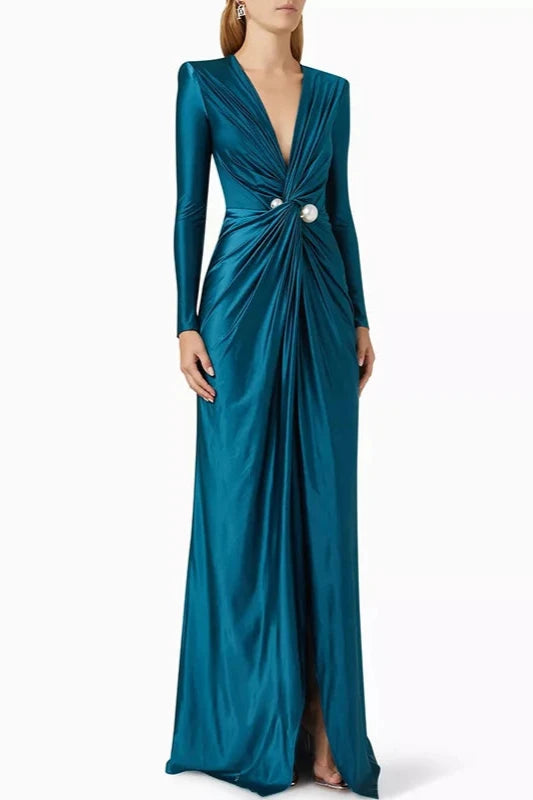 chinese dress ladies Women's Solid Color Pleated Split Front Tied Waist Bodycon Long Sleeves Deep V Neck Maxi Party Dresses Black / S