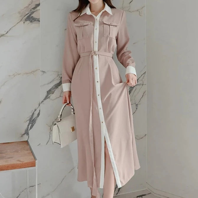 Elegant Long Sleeve Belted High Quality Maxi Dress Pink / S / CN Elegant Long Sleeve Belted High Quality Maxi Dress Pink / S / CN