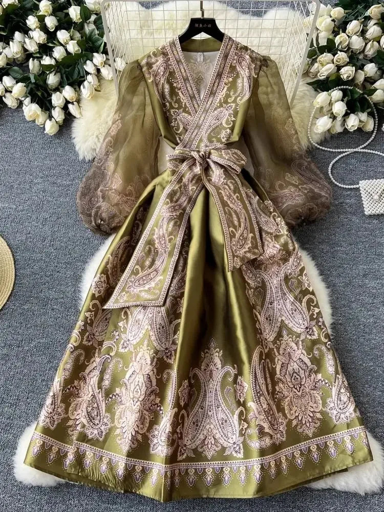 High-quality paisley print patchwork wrap puff sleeve maxi party dress army green / XXL High-quality paisley print patchwork wrap puff sleeve maxi party dress army green / XXL
