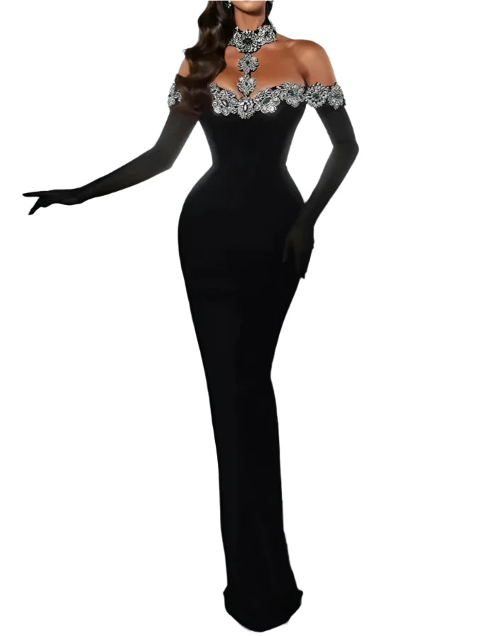 High quality diamond sexy bandage long bodycon dress Black / XS High quality diamond sexy bandage long bodycon dress Black / XS