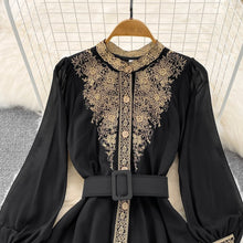 High quality slim round neck long sleeve gold thread embroidery vintage style elegant dress
