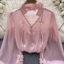 High Quality Sheer Flare Sleeve V Neck Sexy Satin Blouse
