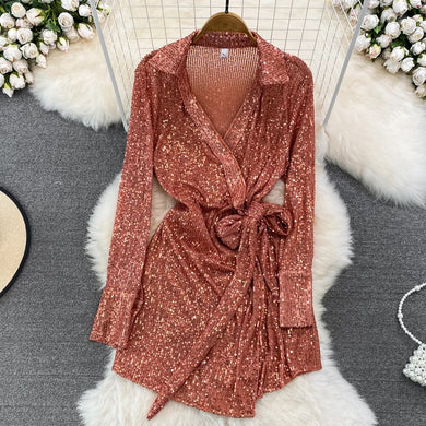 High Quality Elegant Vintage Sexy Sparkly Sequins V-Neck Lace Bodycon Dress