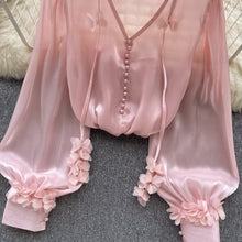 High Quality Sheer Flare Sleeve V Neck Sexy Satin Blouse