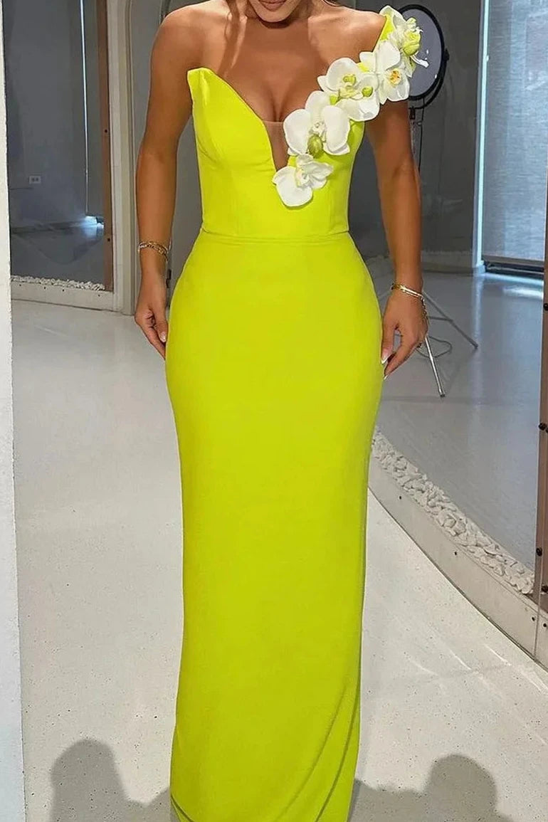 Bandage Dress High Quality One Shoulder Green Neon Flower Bodycon Bodycon Dress Fluorescent Green / L Bandage Dress High Quality One Shoulder Green Neon Flower Bodycon Bodycon Dress Fluorescent Green / L