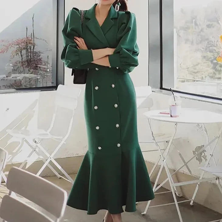 long sleeve solid color dresses High Quality Bow Waist Puff Sleeve Solid Color Elegant Dresses green / S