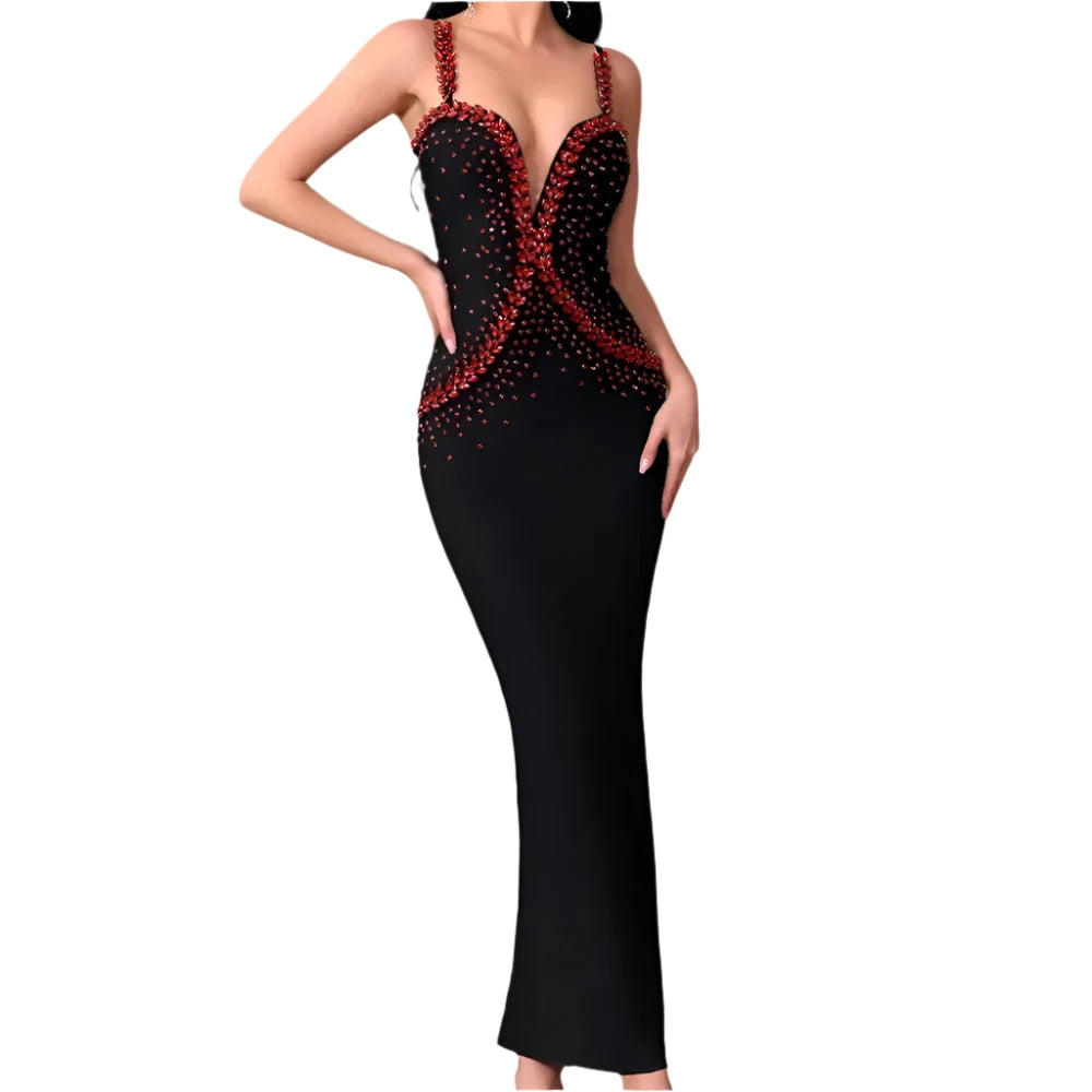 Luxury Diamond Spaghetti Strap Backless Design V Neck Sexy Bodycon Long Dress Black / M