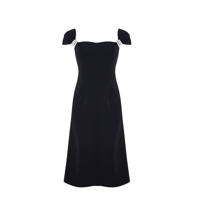 Elegant Black Midi Dress with High Quality Shoulder Detail Black / S