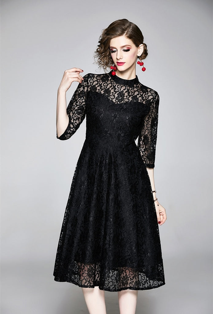 High Quality Red and Black Vintage Designer Elegant Lace Dress