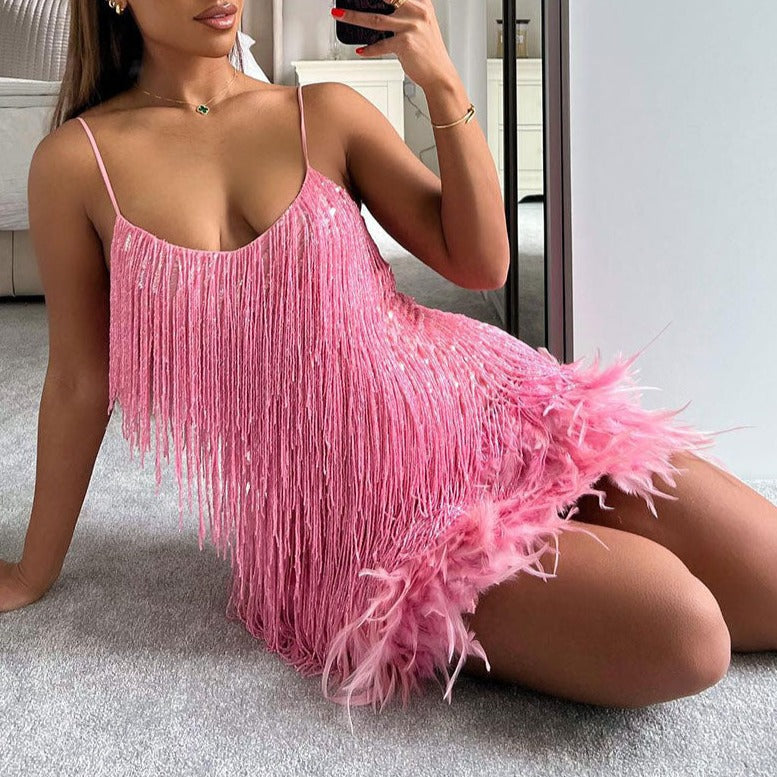 Off Shoulder Dresses V-Neck Feather Stitching Sequined Fringed White 02 / S