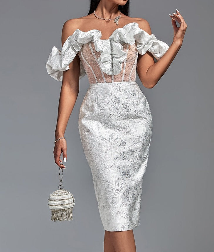 White Jacquard Elegant Sexy Off Shoulder Midi Bodycon Dress Yellow / XL White Jacquard Elegant Sexy Off Shoulder Midi Bodycon Dress Yellow / XL