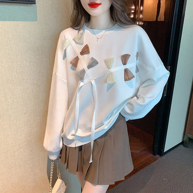 Elegant Autumn Tops Women's Long Sleeve Sweatshirt Bow Vintage Work Casual Korean O-Neck Design Loose T-Shirts