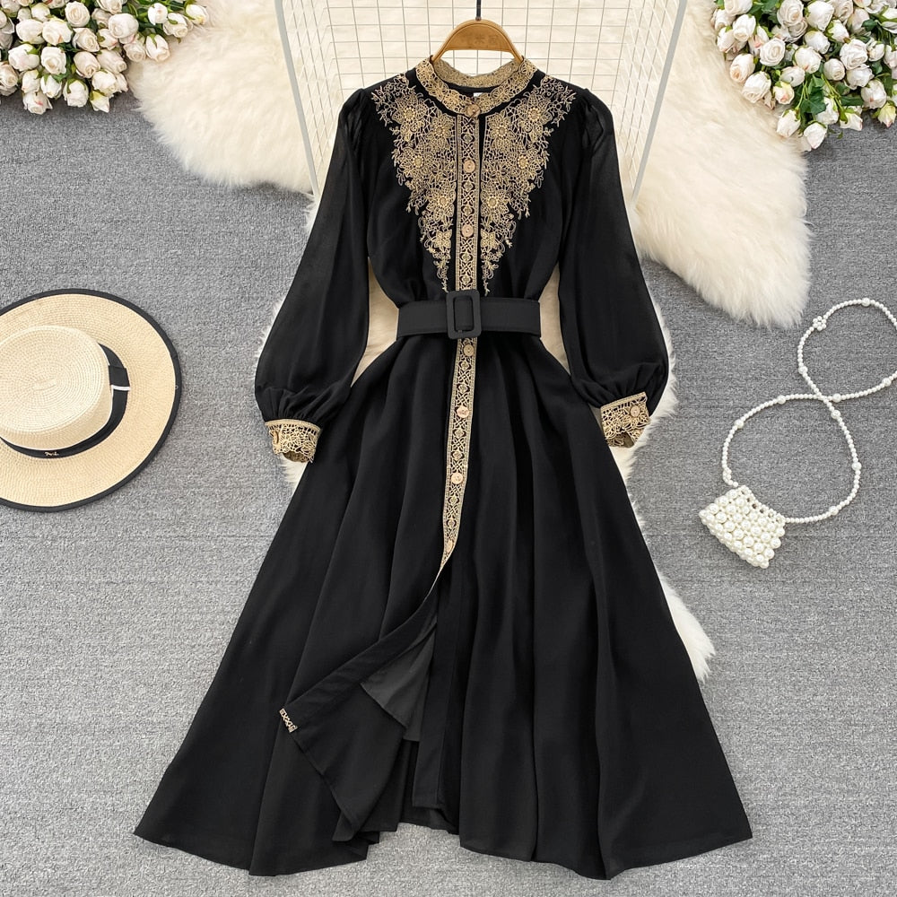 dress gold thread embroidery High quality slim round neck long sleeve vintage style elegant Black / XXL Pattern distribution format:PDF Sewing Pattern Cute Lace Short Prom RzStyle: Pink Ditsy Floral Puff Sleeve Dress Neck Model Number