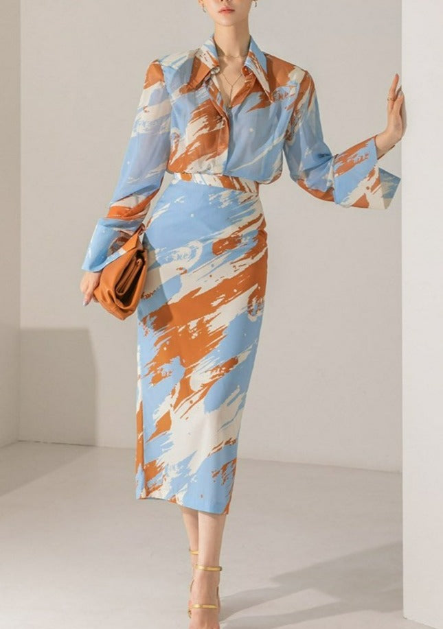 Womens Print 2 Piece Outfits Long Sleeve Shirts; Casual Fashion Sheath Pencil Skirt Simple Work Sets Photo / XL