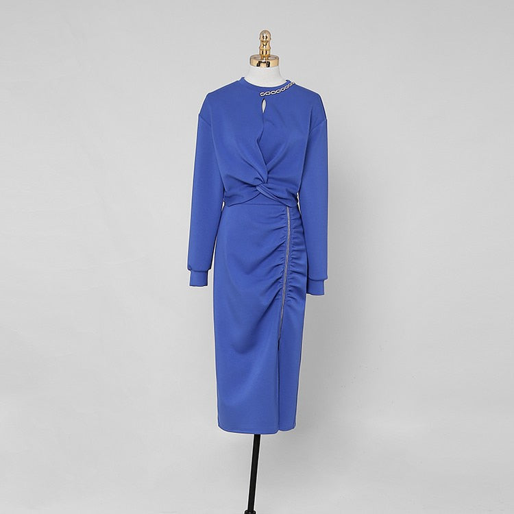 chinese dress ladies Eterna Woman 2 Pieces Set Knotted Loose Cropped Sweatshirt + Vintage Split Pencil Skirt Korean Simple Skirt Suit Blue / XL