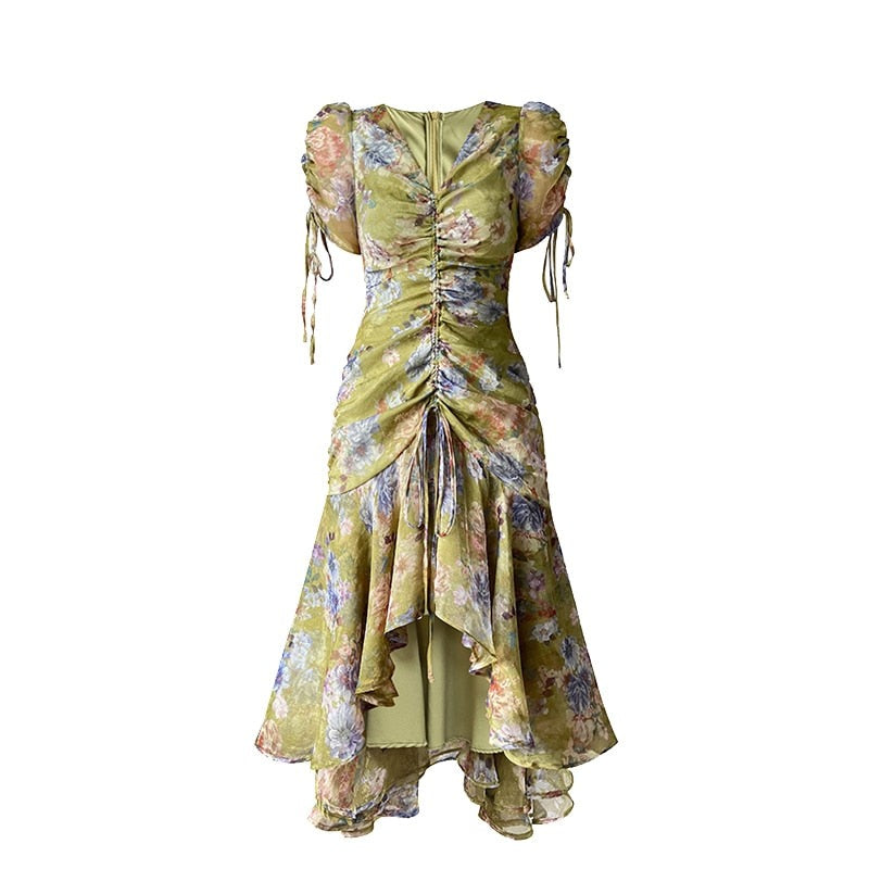 High Quality Mermaid Asymmetrical Hem Ruffled Floral Print Dress Green / L