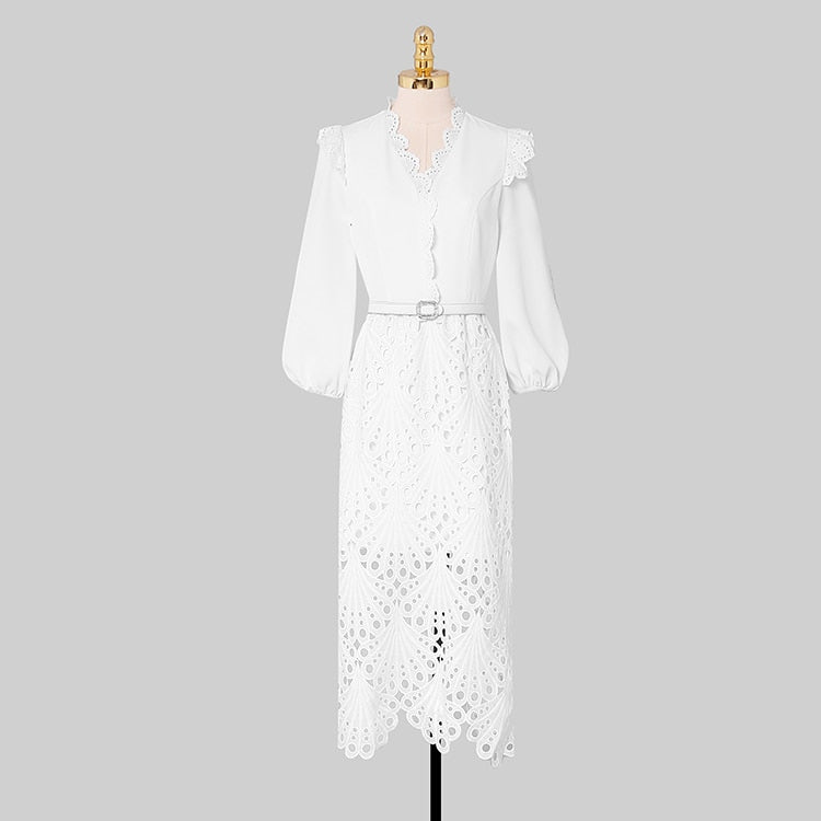 Elegant White midi dress with embroidery long sleeves of high quality White / L