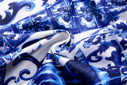 High quality midi flare sleeve cold shoulder blue and white porcelain print dress