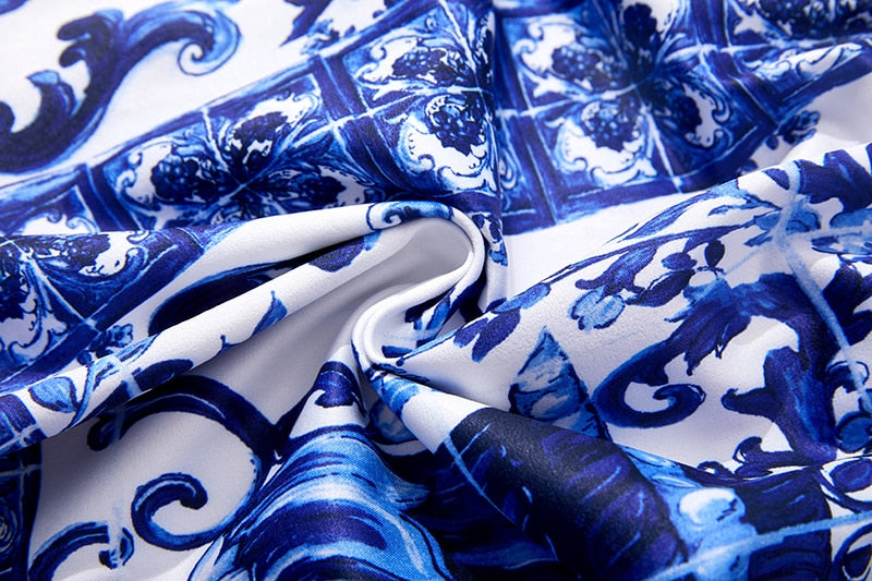 High quality midi flare sleeve cold shoulder blue and white porcelain print dress