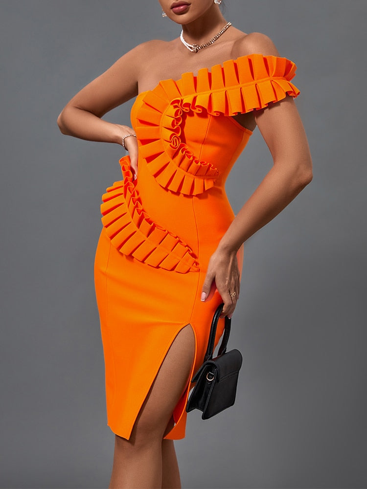 High Quality Sexy One Shoulder Elegant Orange Ruffles Bandage Dress Orange / S