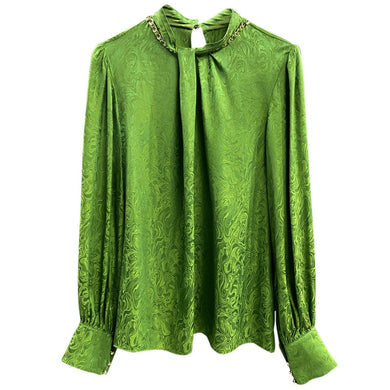 High Quality Long Sleeve Stand Collar Green Jacquard Shirt